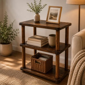 May include: A three-tier wooden side table with a dark brown finish, featuring four cylindrical support posts at each corner. The table holds a small vase with greenery, a framed picture, two stacked books, a ceramic cup, and a woven basket.