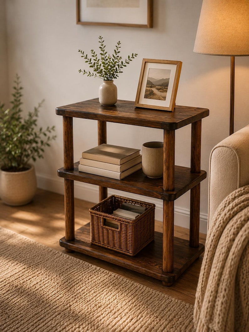 May include: A three-tier wooden side table with a dark brown finish, featuring four cylindrical support posts at each corner. The table holds a small vase with greenery, a framed picture, two stacked books, a ceramic cup, and a woven basket.