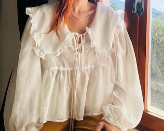 Linen Tie-Front Shirt, 100% Linen Long Sleeve Shirt, Tie up front top, Loose linen blouse, White Linen Shirt, Puff Sleeve Shirt