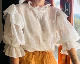Puff Sleeve Linen Shirt, Linen Button up, Linen short Sleeve Shirt 100% Pure Linen Shirt, White linen Blouse, Victorian Linen Blouse