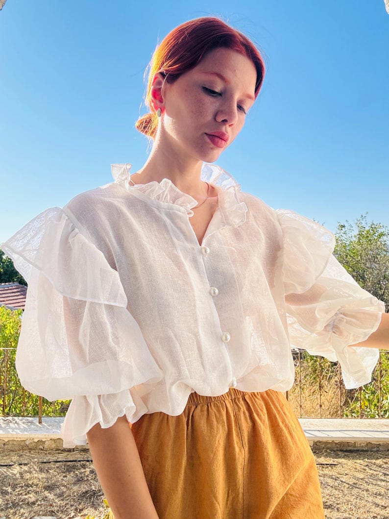 retro 100% linen button shirt long sleeve pleat and frill detail white ,,, L ... main image 0