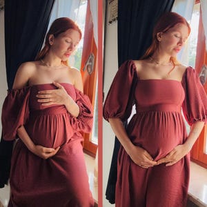 Sukienka ciążowa z lnu, sukienka ciążowa boho z bufiastymi rękawami, sukienka ciążowa casual, sukienka ciążowa boho na baby shower, sukienka ciążowa do sesji zdjęciowej