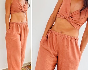 Bohemian Linen Pants, Handmade Yoga Boho Pants, Harem Pants, Cotton Yoga Pants, Wide Leg Pants, Meditation Pants, Elastic waist linen pants
