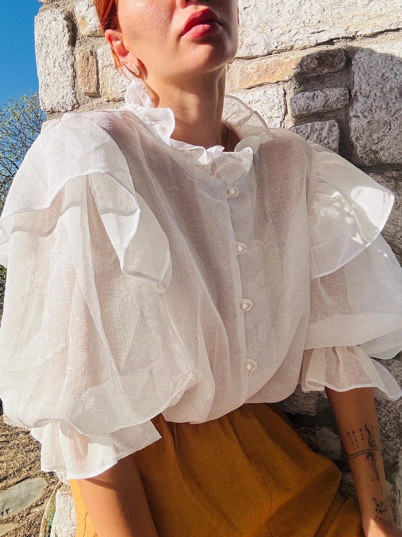 vintage linen blend white button shirt cuffed ... m ^^^ main image 0