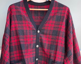 Vintage Pendleton Cardigan Sweater 1950s - Black & Red Tartan Plaid - Mens Large