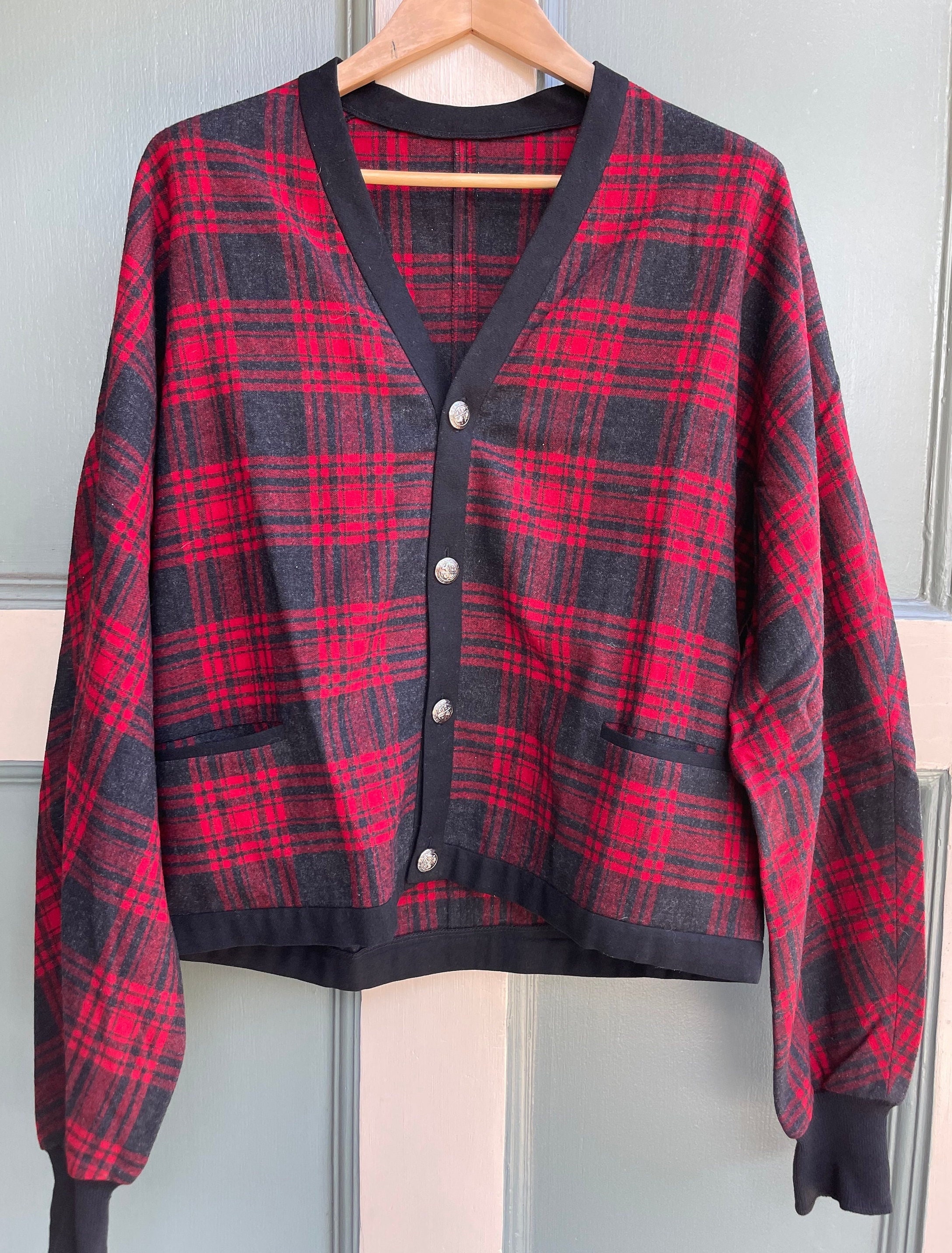 トップス 50-60s PENDLETON VIRGIN WOOL Cardigan M Vintage Pendleton Cardigan Sweater 1950s - Black & Red Tartan