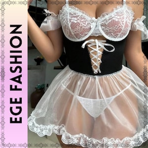 Sexy Lace Nightdress for Women – Mesh Patchwork Pajama Lingerie with Lace-Up & Hollow Out Sleepwear