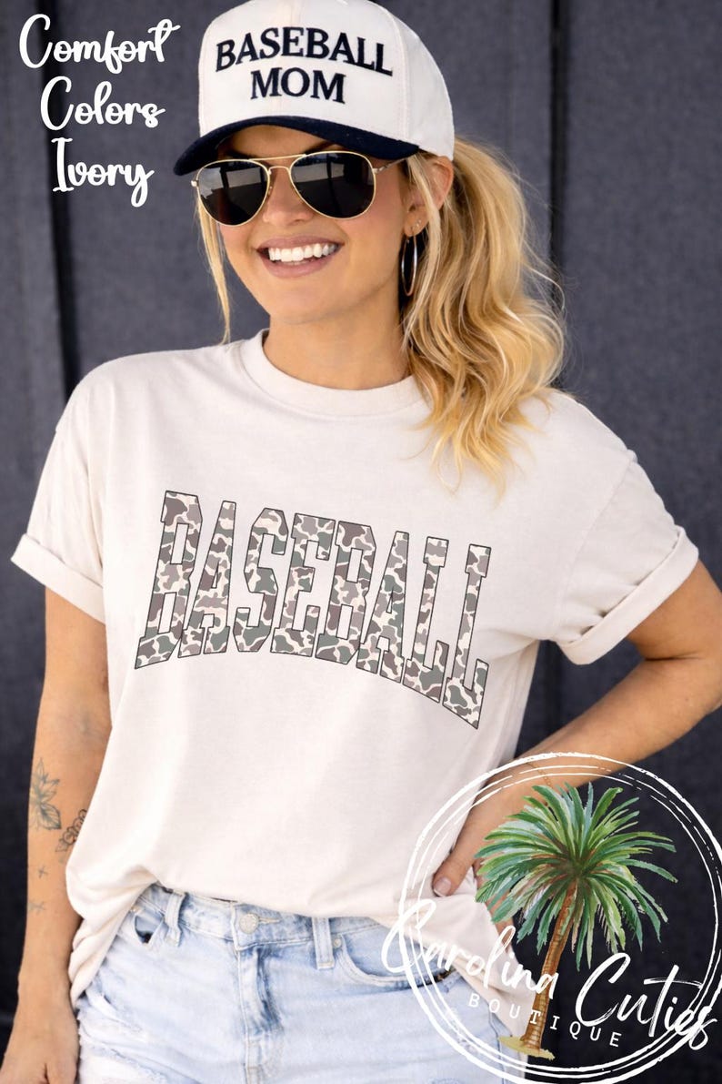 Comfort Colors Baseball Mom Tee, Camo Varsity Graphic Shirt image 3