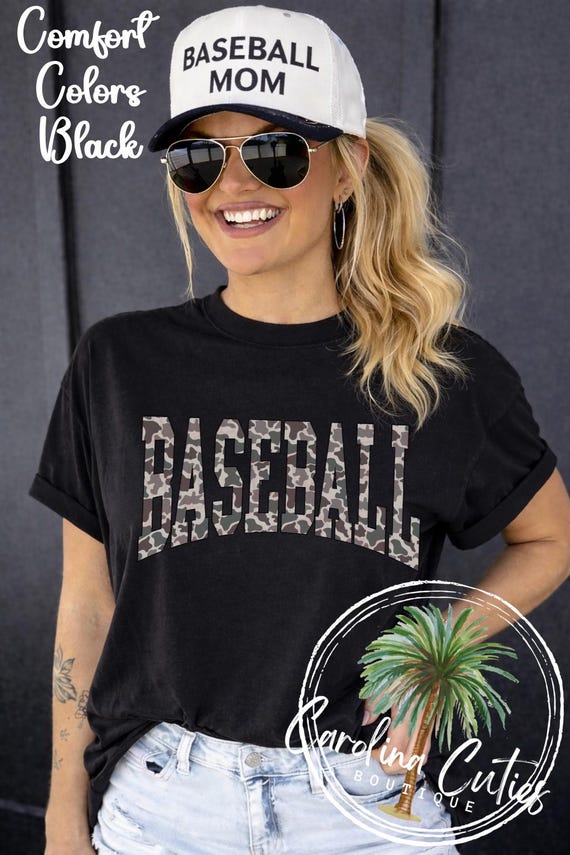 Comfort Colors Baseball Mom Tee, Camo Varsity Graphic Shirt