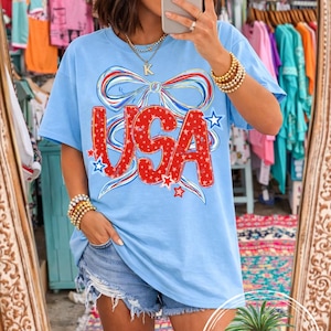 USA Bow Shirt, Patriotic Comfort Colors Tee, Fourth of July Graphic Coquette Shirt