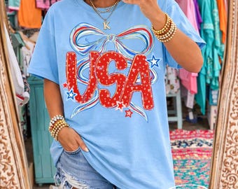 USA Bow Shirt, Patriotic Comfort Colors Tee, Fourth of July Graphic Coquette Shirt