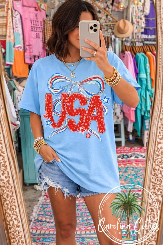 USA Bow Shirt, Patriotic Comfort Colors Tee, Fourth of July Graphic Coquette Shirt