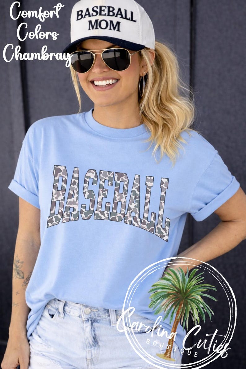 Comfort Colors Baseball Mom Tee, Camo Varsity Graphic Shirt image 2