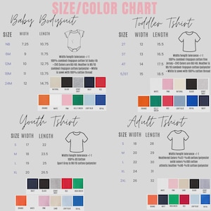 May include: Size and color chart for baby bodysuits, toddler, youth, and adult t-shirts. Includes size, width, and length measurements in inches. Color swatches are displayed below each size chart, with options like orange, pink, and navy.