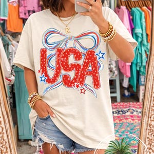 USA Bow Shirt, Patriotic Comfort Colors Tee, Fourth of July Graphic Coquette Shirt image 2