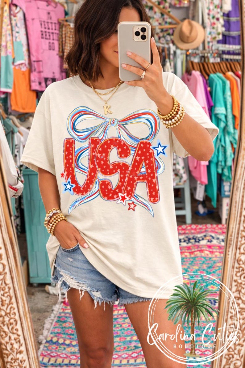 USA Bow Shirt, Patriotic Comfort Colors Tee, Fourth of July Graphic Coquette Shirt image 2