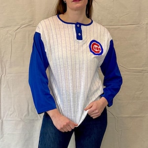 Maglietta da baseball vintage anni '80 a righe blu e bianche dei Chicago Cubs, sottile come la carta, di Sunburst Sportswear, taglia XL