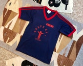 Vintage 70s Navy Blue Red Tri Stripe Paper Thin YMCA Shape Up Athletic Gym Shirt S