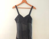 Vintage 60s Retro Black Rose Femme Fatale Sheer Floral Lace Mini Babydoll Chemise Top S