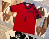Vintage 70s Red Navy Blue Tri Stripe YMCA Gym Shirt Merrygarden Athletic Wear S