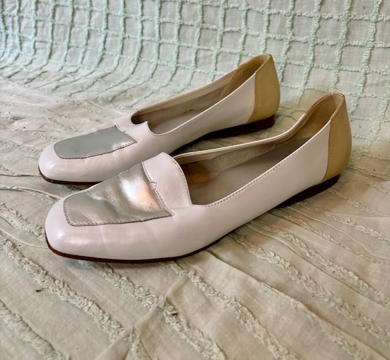 White Silver Gold Y2K 90s Enzo Angiolini Square Toe Flat Loafers Leather 7.5 M Etsy