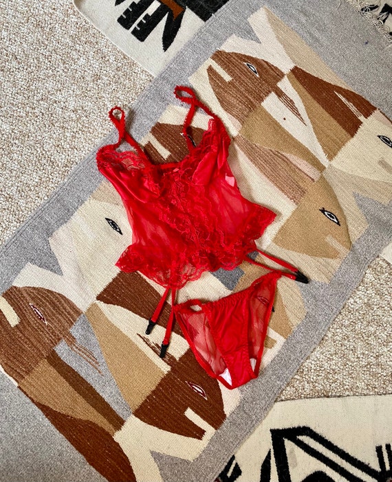 Vintage 80s Bright Red Sheer Lace Camisole Bikini