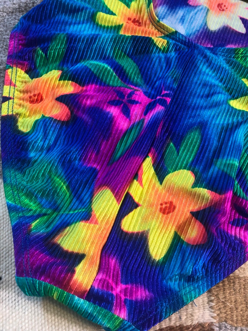 Vintage 90s Neon Pink Yellow Floral High Waisted Ribbed One Piece Swim Suit L