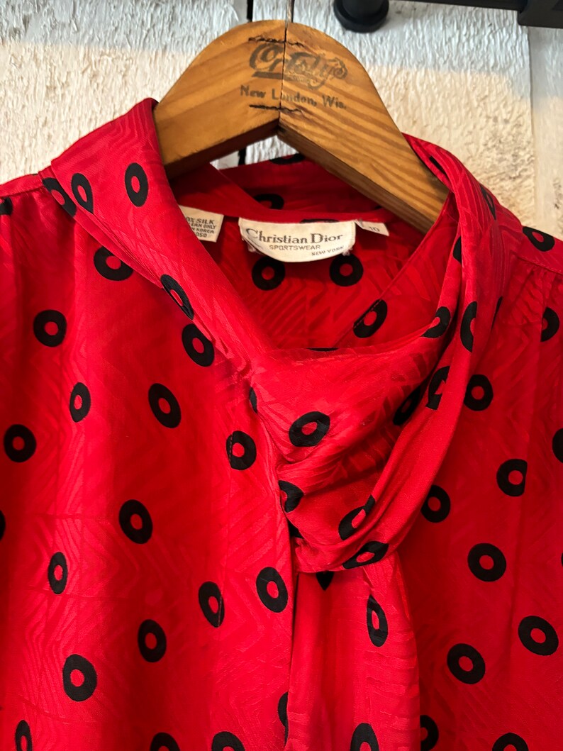 Vintage 80s Red Black Polka Dot Pussy Bow Silk Skirt Set by Christian