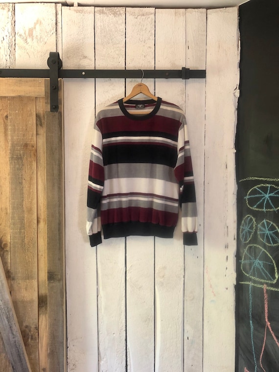 Vintage 70s Black Maroon Gray Stripe Velour Long S
