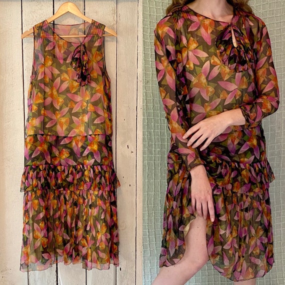 Vintage 20s Magenta & Orange Floral Silk Chiffon … - image 1