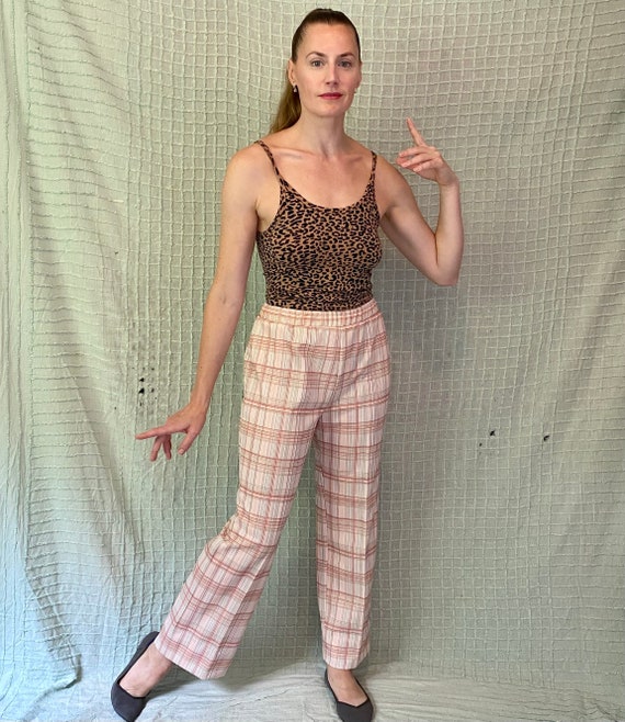 Vintage 70s Peach Pink Plaid High Rise Polyknit S… - image 2