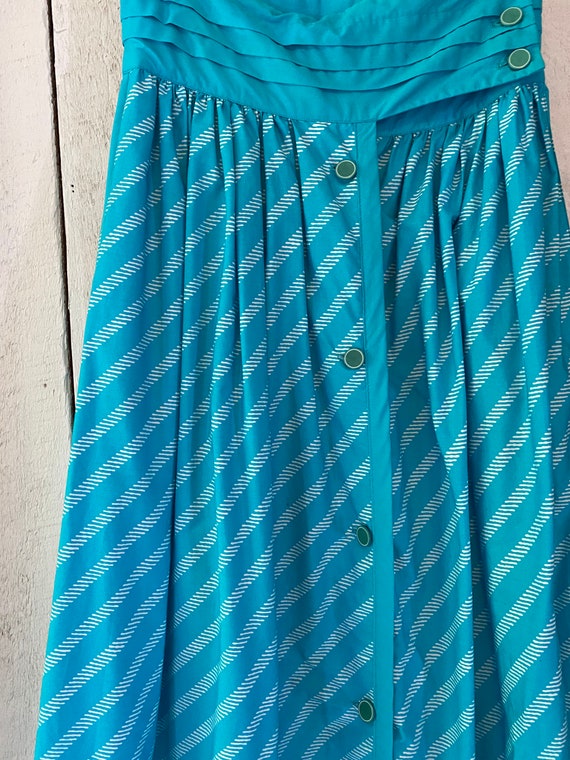 Vintage 80s Teal White Cotton Stripe Full Pleated… - image 3