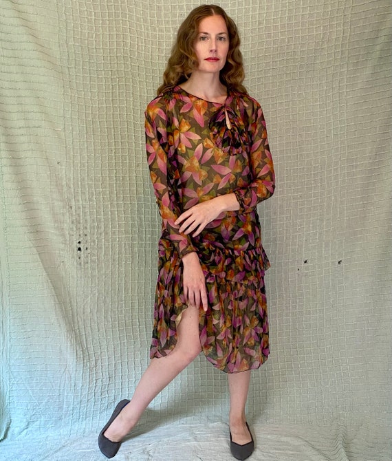 Vintage 20s Magenta & Orange Floral Silk Chiffon … - image 9