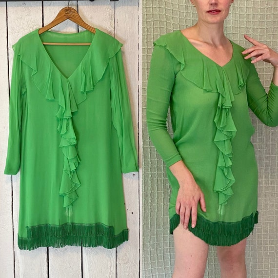 Vintage 60s Does 20s Neon Green Chiffon Fringe Fl… - image 1