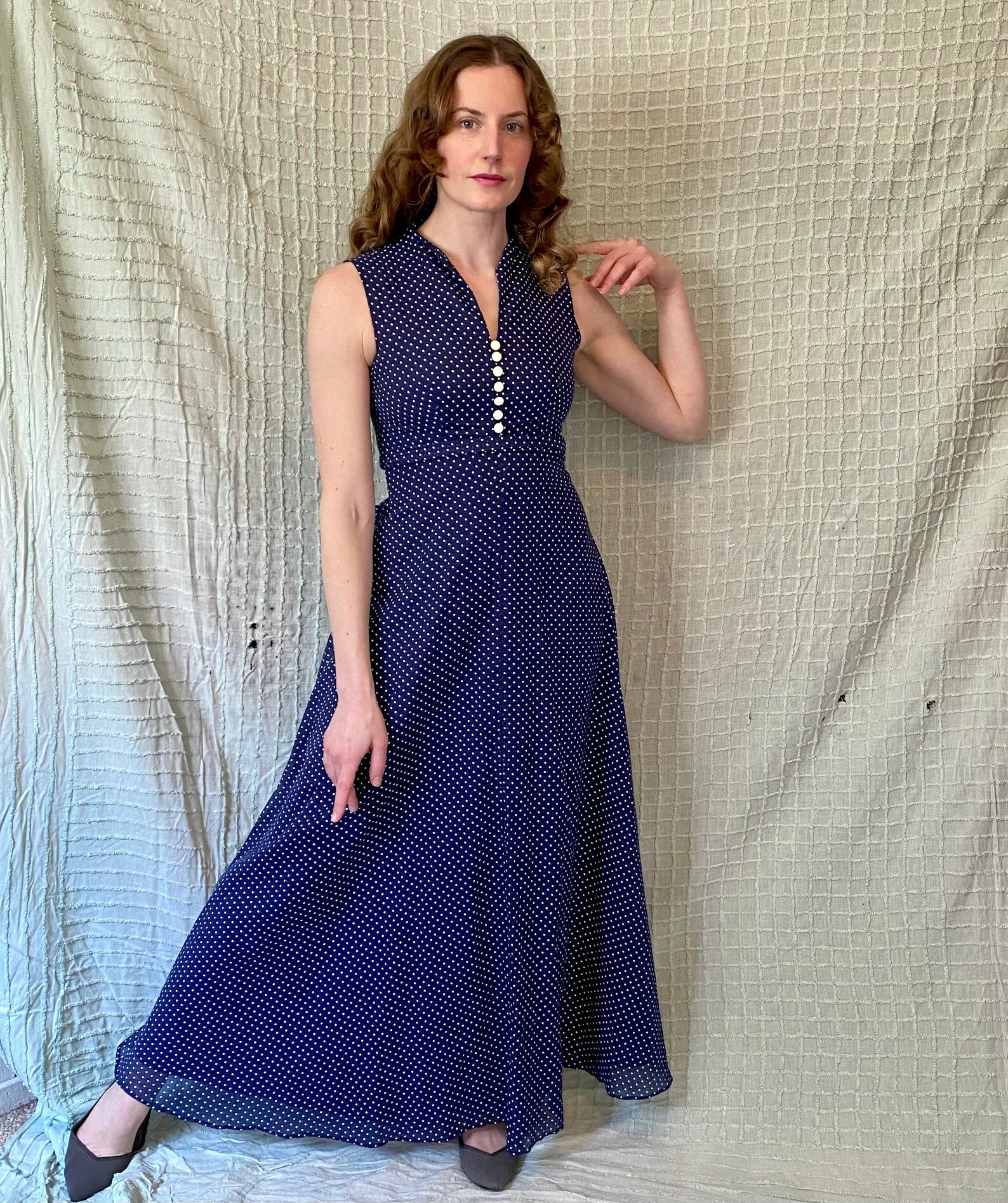 Vintage 70s Navy Blue White Swiss Polka Dot A Line Maxi Dress - Etsy