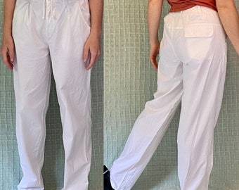 Vintage 80s White Cotton Pants High Rise Draw String Trousers by Fast Breakers size L