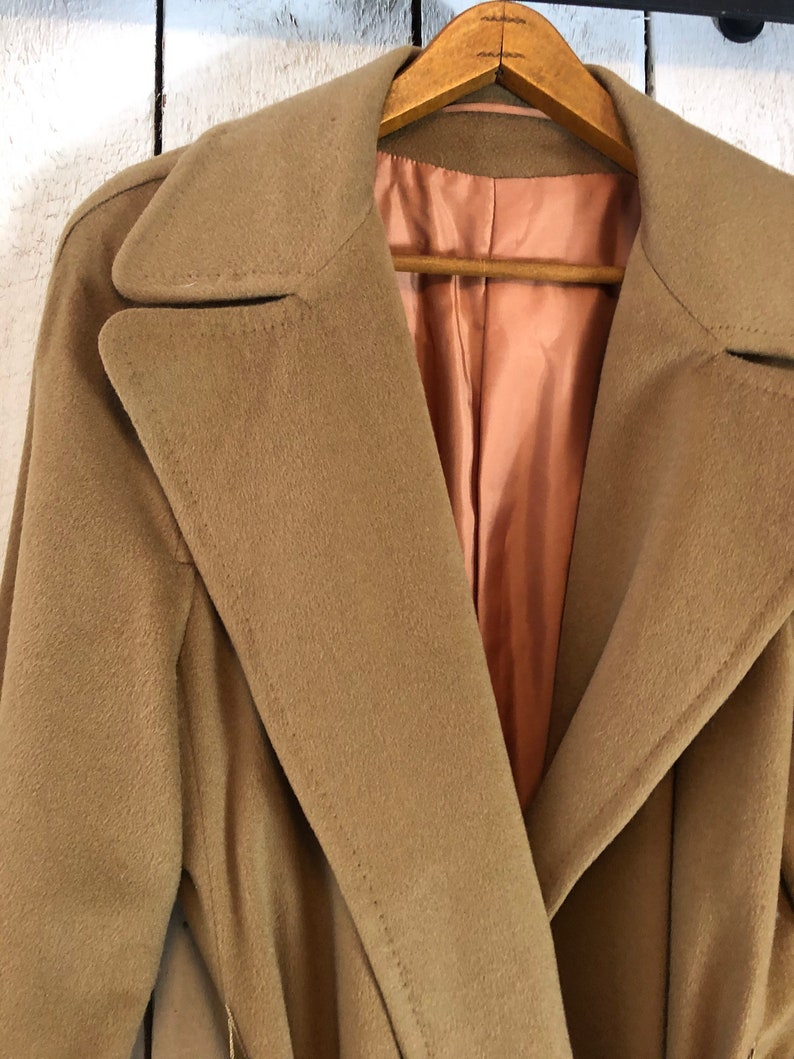 Vintage 70s Camel Beige 100/% Cashmere Chic Wide Notched Collar Wrap Trench Coat ML