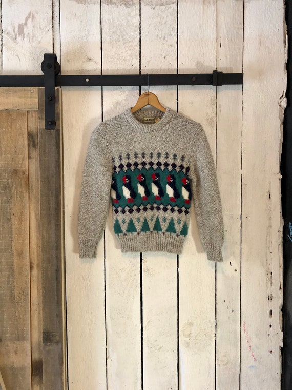Vintage 80s Gray Puffin X Mas Tree Fairisle Wool S