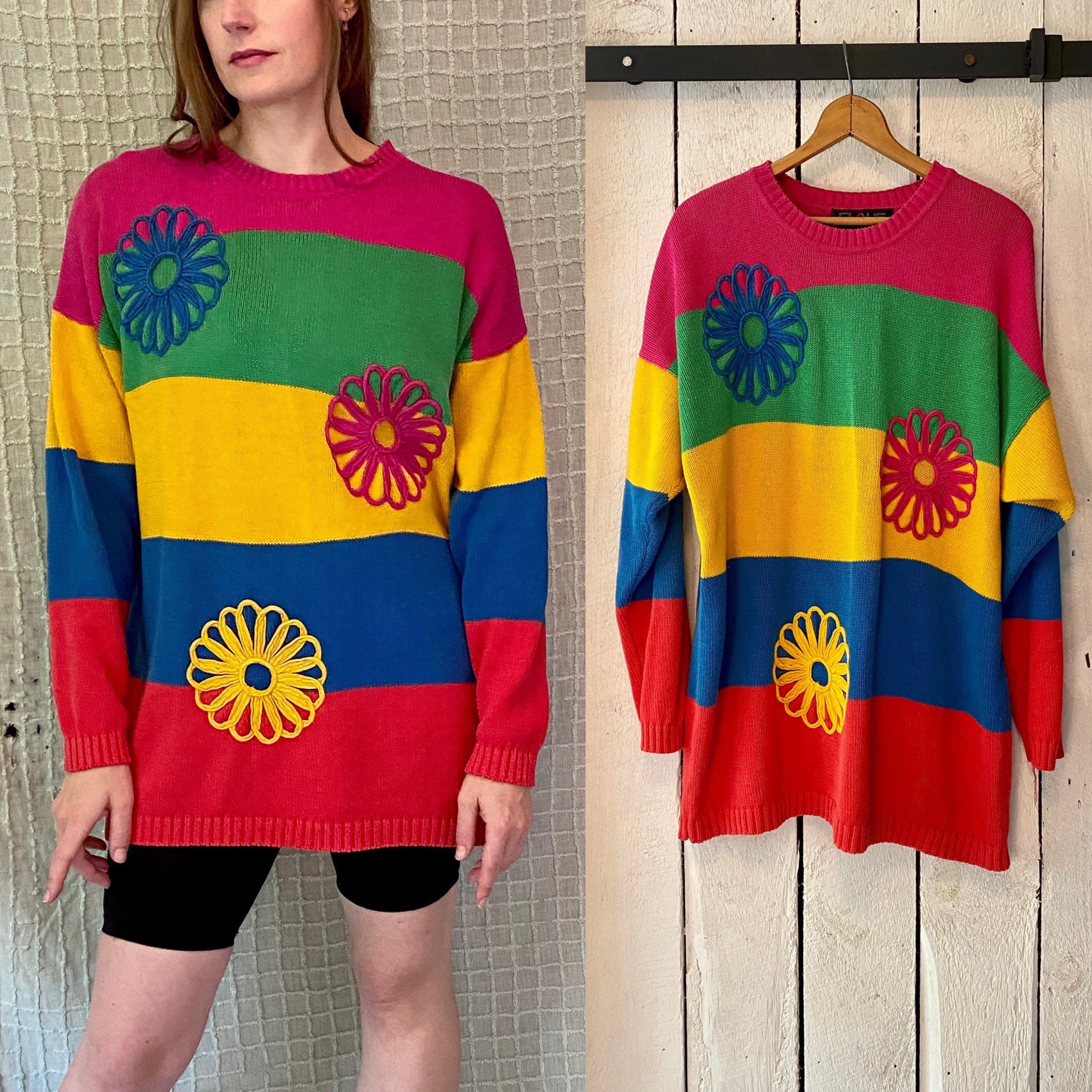 Vintage 80s Soutache Floral Stripe Knit Ramie Cotton Sweater Dress