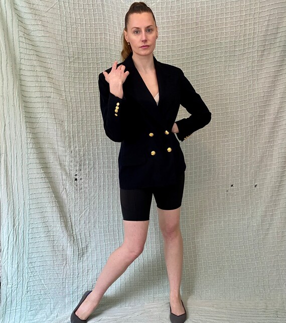 Vintage 90s Navy Blue Black Double Breasted Wool Blazer by Polo 