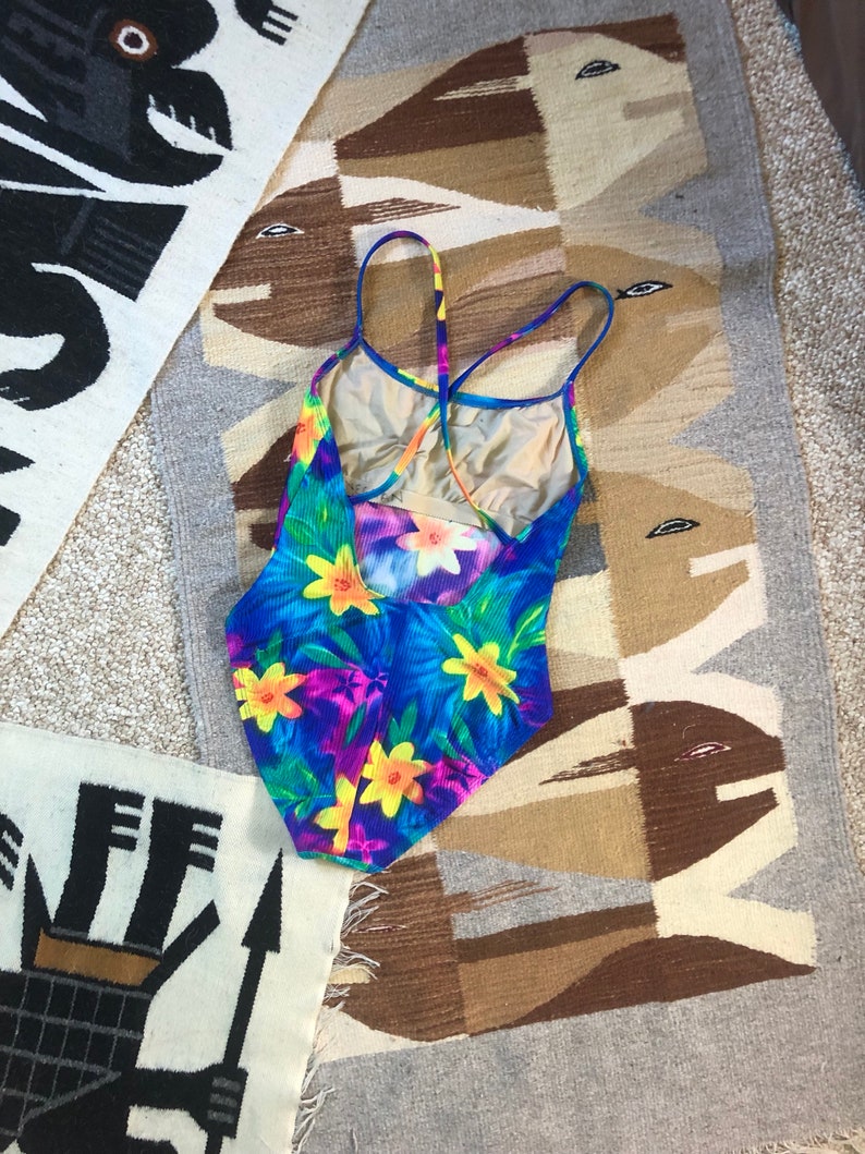 Vintage 90s Neon Pink Yellow Floral High Waisted Ribbed One Piece Swim Suit L