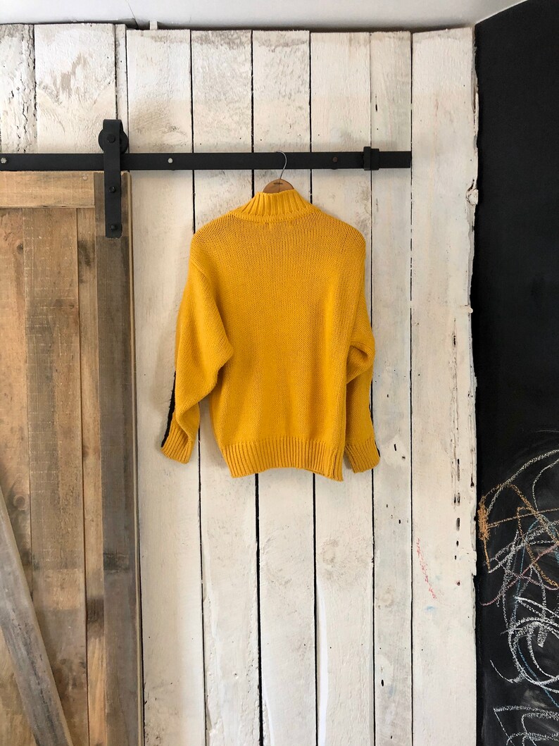 Vintage 80s Chunky Knit Mustard Yellow Black Doodle Pull Over Sweater by Cristina S