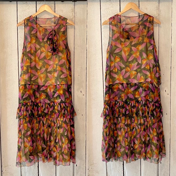 Vintage 20s Magenta & Orange Floral Silk Chiffon … - image 4