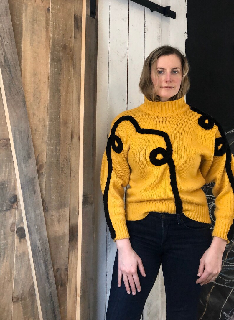 Vintage 80s Chunky Knit Mustard Yellow Black Doodle Pull Over Sweater by Cristina S