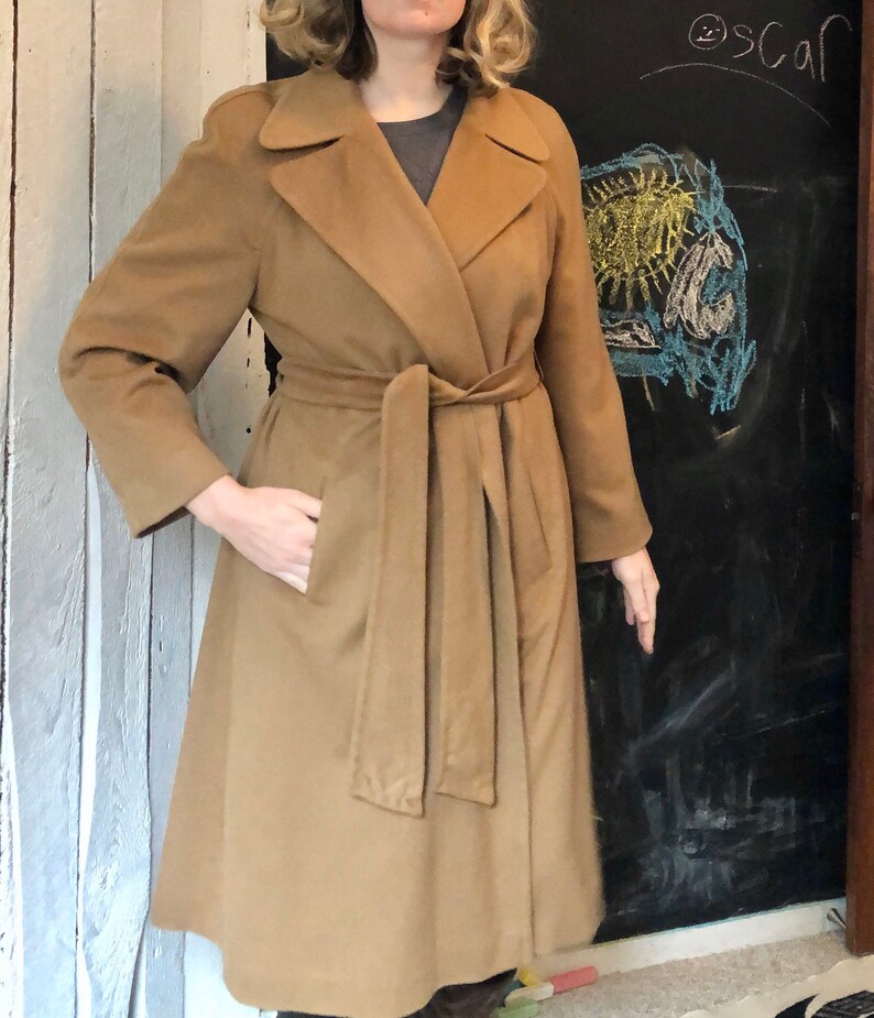 Vintage 70s Camel Beige 100/% Cashmere Chic Wide Notched Collar Wrap Trench Coat ML