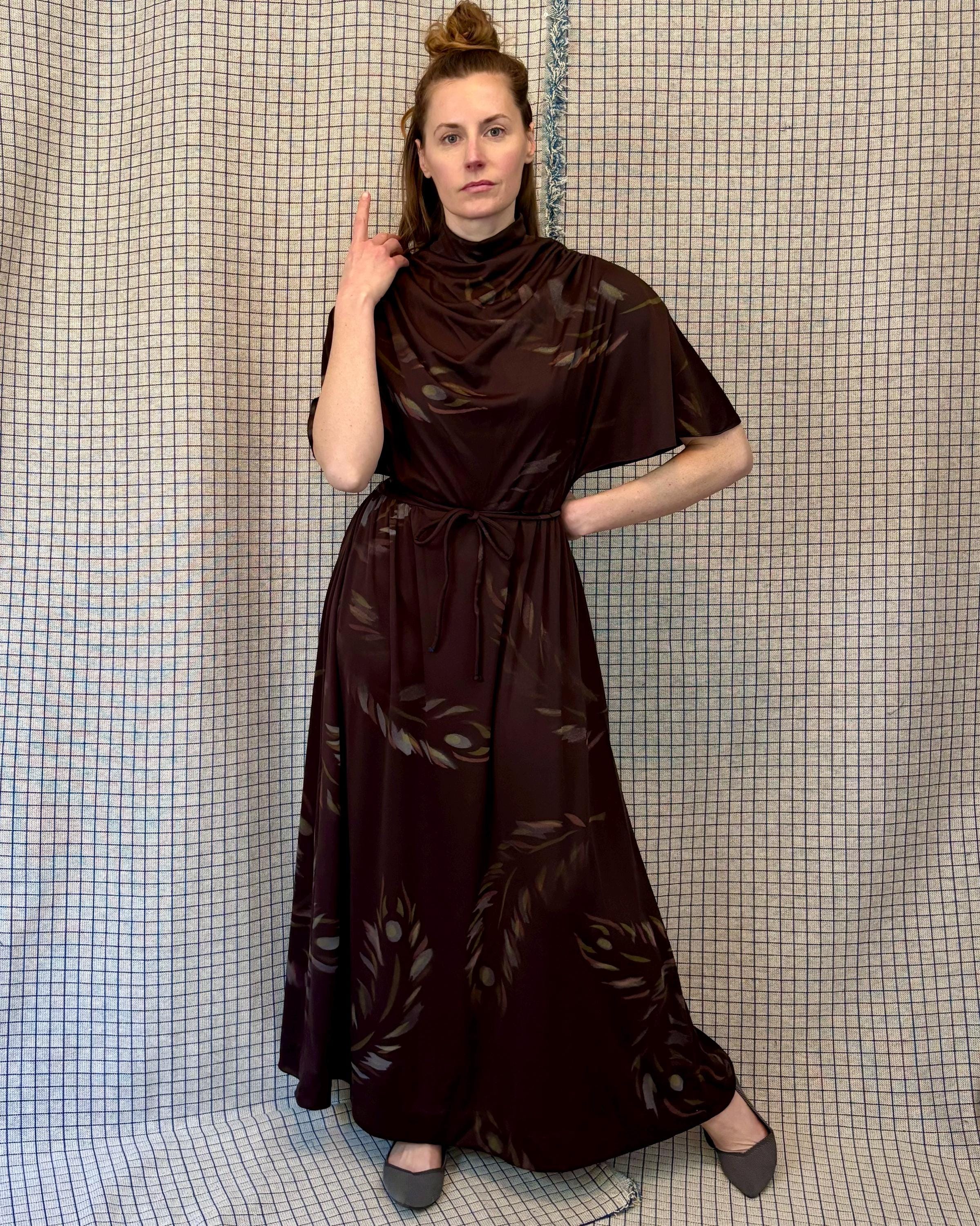 Robe longue drapee a la grecque vintage des annees 70 avec plumes de ble et manches flottantes taille M Etsy France