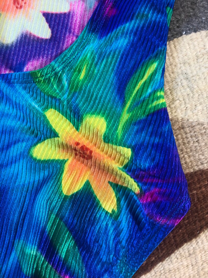 Vintage 90s Neon Pink Yellow Floral High Waisted Ribbed One Piece Swim Suit L