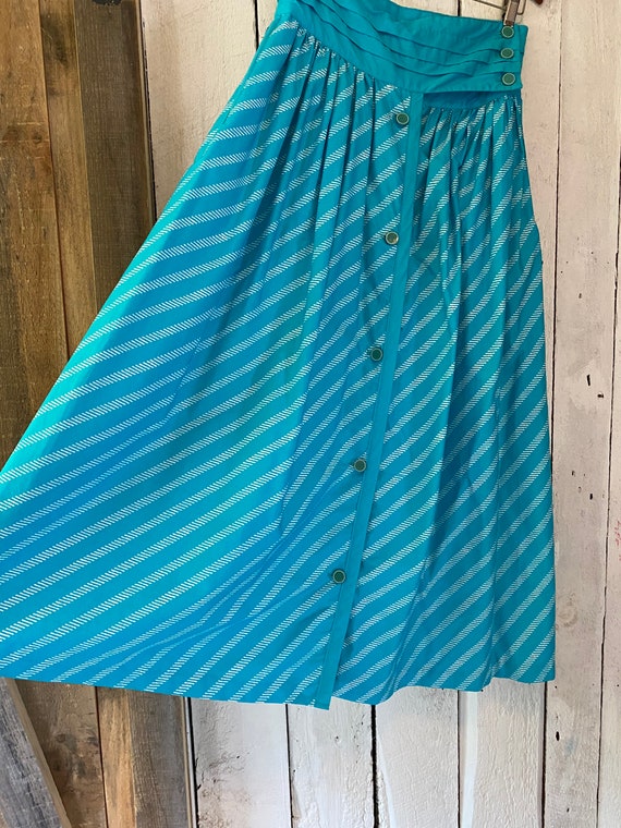 Vintage 80s Teal White Cotton Stripe Full Pleated… - image 2