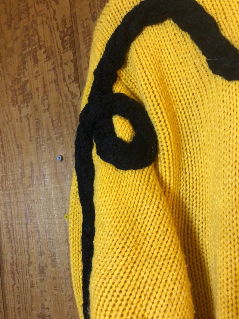 Vintage 80s Chunky Knit Mustard Yellow Black Doodle Pull Over Sweater by Cristina S