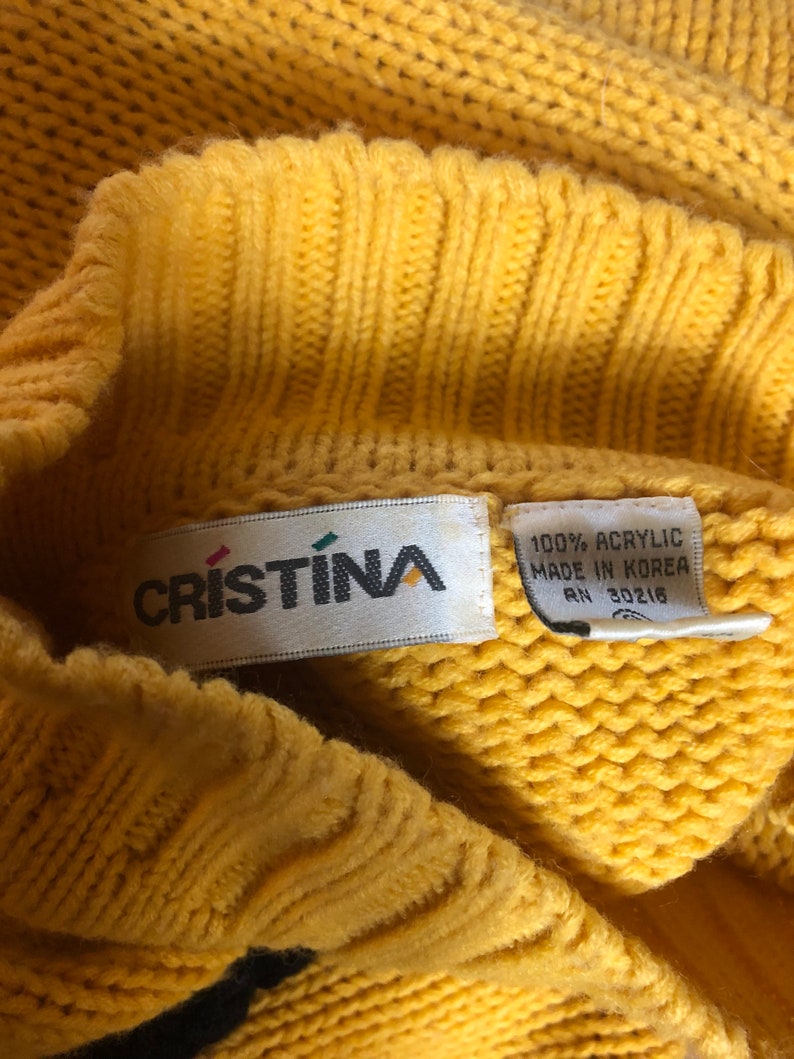 Vintage 80s Chunky Knit Mustard Yellow Black Doodle Pull Over Sweater by Cristina S